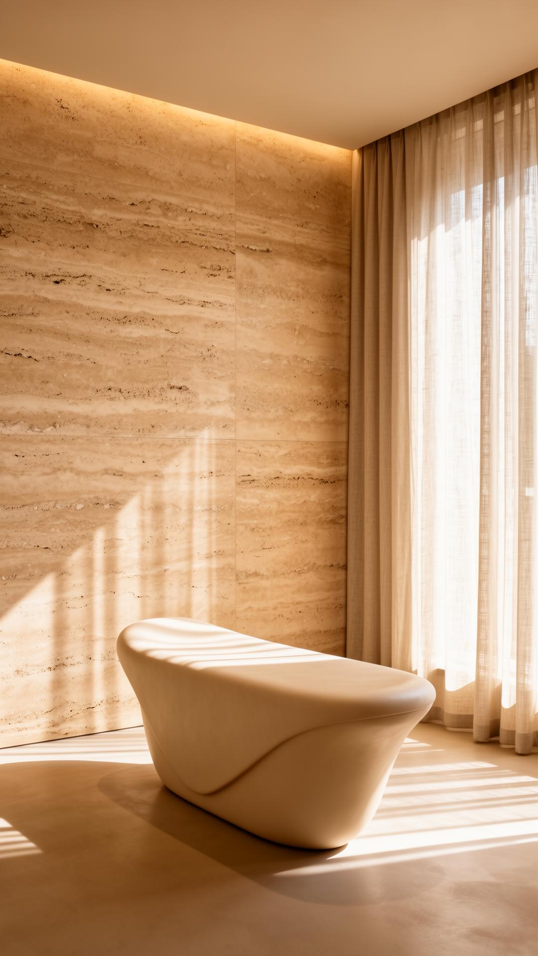 Sunlit travertine treatment suite at Elysian